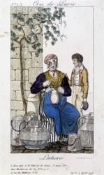 Milk pouring milk into a bottle for a young man - in Cris de Paris, early 19th century