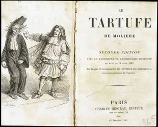 Moliere frightening an ecclesiaste using a theatre mask - Frontispiece of “Tartuffe” by Molière, ed. Hingray, Paris