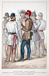Montagnards (1848), a group of fighters, one of whom wears the Phrygian cap and the revolutionary cockade. Eau forte en couleurs, reproduction of a drawing executed at the request of Alexandre Ledru-Rollin in the courtyard of the