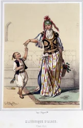 Moorish woman accompanied by a child at home in Algiers during the second half of the 19th century