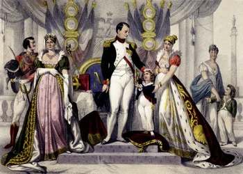 Napoleonic Dynasty from 1804 to 1815. Josephine, Napoleon I, King of Rome, Mary Louise. Engraving of the 19th Century