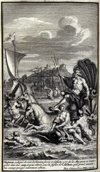 Neptune, unworthy of seeing the Greeks forces and deeds, leaves the sea to transport himself to their camp, and to raise up under the figure of Calchas which he then takes, their courage almost entirely destroyed. Illustration of book XIII of the Iliad of 