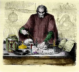 Nicolas Flamel in his laboratory