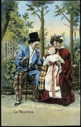 Nurse with a baby conversing with a man in a park - chromo., late 19th century