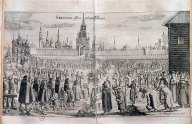 Official ceremony with parade at the Moscow Kremlin. Engraving of the 17th century. Russian library