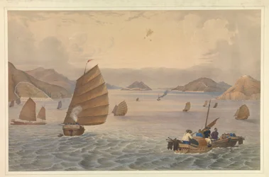 Operations in the Canton River. Forts and Batteries of the Bocca Tigris or First Pass of the Canton River; H.M. Steam Ship, Vulture Captain Macdougall passing the Batteries, with the 18th Royal Irish on board