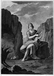 Orpheus at the Entrance of the Underworld meets Cerberus. Lithography. 19th century