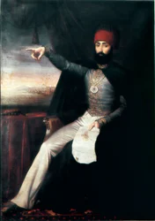Ottoman Empire: Portrait of Sultan Mahmud II. It is representative pointing his finger may be to indicate the order to slaughter the order of the Janissaries. Anonymous oil painting. 1808-1839. Istanbul, Topkapi Sarayi Museum, Turkey