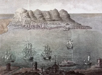 Panoramic view of Gibraltar and the Strait of Gibraltar. 19th century. Madrid, National Library.