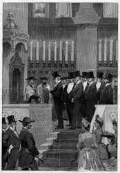 Installation of Zadoc Kahn (1839-1905) great rabbi of France. Alphonse de Rothschild (1827-1905) reading the nomination order