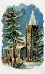 Parishioners going to a church for Sunday Mass. Chromolithography around 1890