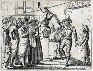 Party in the village: games and disguises. Engraving late 18th century. Private collection.