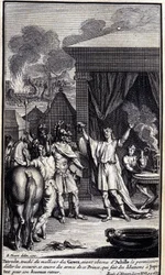 Patroclus, touches the misfortune of the Greeks, having obtained permission from Achilles to go and rescue them, covers himself with the weapons of this prince, who makes libations to Jupiter for his happy return. Illustration of book XVI of the Iliad