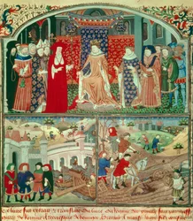 Philippe the Bel trunant (1268-1314) with plowing scene and merchant scene. Miniature in 