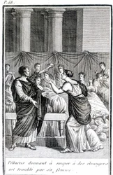 Pillacus giving dinner to strangers is troubled by his wife