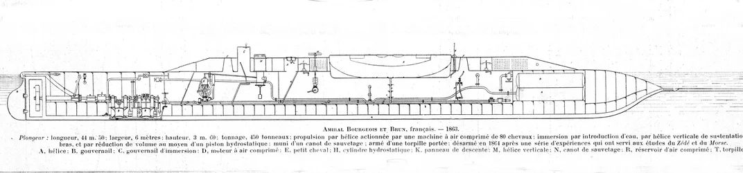 Plate representing the French submarine Bourgeois and brown