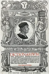 Portrait of Antonio Martínez de Cala, called Antonio de Nebrija (1441-1522), Spanish humanist and grammarian. Flyleaf of his dictionary, published in 1536. National Library of Madrid.