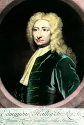 Portrait of Edmund Halley, British astronomer. Engraving of the 18th century Private Collection