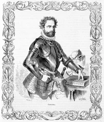 Portrait of Luis de Camoens in armor - engraving