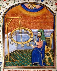 Portrait of Pythagoras (ca. 570 - around 480 BC), Greek mathematician and philosopher, playing a percussion instrument (bells), miniature of the 15th century.