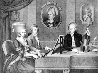 Portrait of Wolfgang Amadeus Mozart between his father and mother. Lithograph of the 19th century.