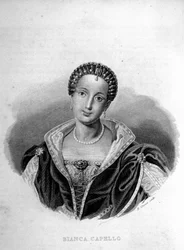 Portrait of the Venetian Bianca Cappello, wife of François de Medici. Engraving of the 19th century