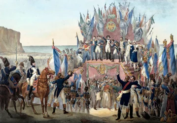 Presentation of the Legion of Honour by Napoleon Bonaparte in the Terlincthum valley in Boulogne (16 August 1804). Engraving - Paris, Musee de l