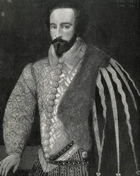 Portrait of Sir Walter Raleigh. Engraved in 1891, executed after an anonymous original that is preserved at the National Portrait Gallery of London (engraving)