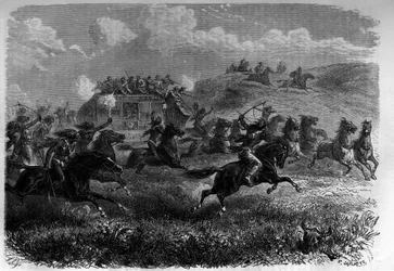 Red Skin Riders attacking a diligence in the Prairie. Engraving in 