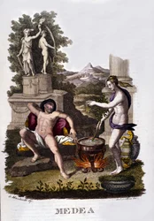 Representation of Medea preparing his curses after the cycle of Argonauts. Engraving of the 19th century.