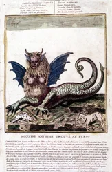 Representation of a monster found in a Peru lake: it has a human face, horns, dragon wings, a lion