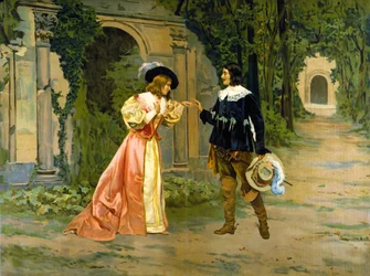 Representation of the exchange of the ring between Edgar and Lucia in Act I of the opera “Lucie de Lammermoor” (“Lucia di Lammermoor”) by Gaetano Donizetti.