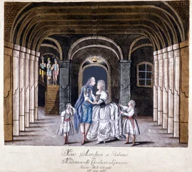 Representation of the opera “Giulio Sabino” by Giuseppe Sarti (1729-1802) in Vienna in 1785. On stage Caterina (Katharina) Cavalieri and the castrate Luigi Marchesi.