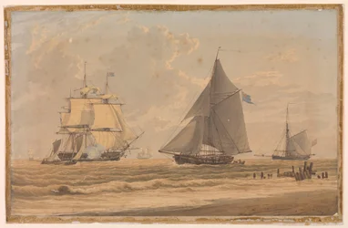 Royal Navy sailing vessel by the shore, early 19th century