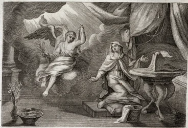 Royaumont Bible, New Testament: Annunciation of the Virgin. Archangel Gabriel has come to deliver a message to Mary. Illustration from 1811.