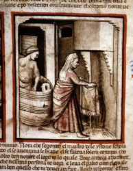 Ruth makes her toilet with the help of her mother-in-law Noemi before sleeping in the bed of her husband Boaz. Book of Ruth. Miniature from codex 212 (or padovano codice or Bible of Padua) 1390-1400 Rovigo, Accademia dei Concordi