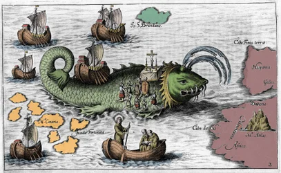 Saint Brendan (Brandan), hero and Irish saint of the 6th century, celebrating Mass on the back of the Giant Whale Jasconius. Legend says that his boat was carried on the back of a whale. Colourful engraving 17th century