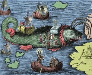 Saint Brendan (Brandan), hero and Irish saint of the 6th century, represents celebrating Mass on the back of the Giant Whale Jasconius. Legend says that his boat was carried on the back of a whale. Coloured engraving from Nova Tipus Transacto Navigatio