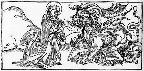 Saint Martha and the Tarasque - Engraving from “Leben der Heiligen - Sommerteil” (The Book of the Saint) by Jacobus (James) of Voragine (1228-1298). Lubeck 1488