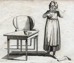 Schoolgirl looking to do her homework. Engraving late 18th century. Private collection.