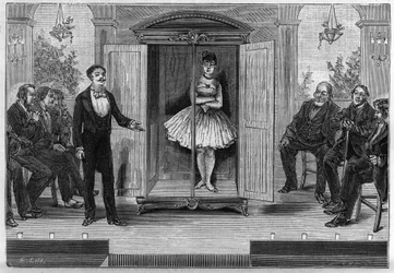 Scientific shows: Cabinet has disappeared in which one instantly disappears the person who locks himself in it. Engraving in 