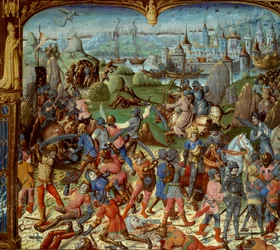 Seventh Crusade (1248-1254). Louis IX (Saint Louis) (1215-1270), King of France, with the crossings after being defeated by the Saracens at Mansourah in 1250. They withdrew behind the towers of Damascus. Louis IX and his two brothers are taken prisoner