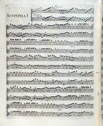 Sheet music for the flute in the first symphony of Sei sinfonie a piu strumenti op. 5 by Francois Joseph Gossec