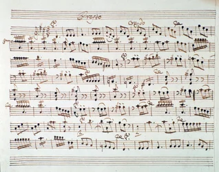 Sheet music page for the first violin in the opening of Mithridate, King of Pontus, opera by Mozart (1770)