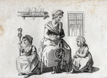 Spinning: mother and her daughters spinning wool. End engraving of the 18th century. Private collection.