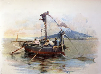 Swordfish harpoon fishing in the Strait of Messina in Sicily. Watercolour 1898