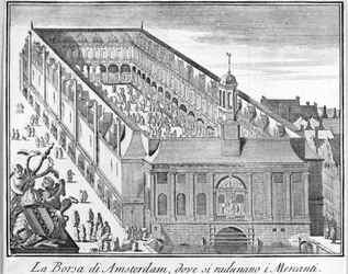 The Amsterdam Stock Exchange where merchants gather. 18th century engraving.
