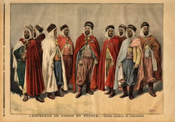 The Arab and Tunisian chiefs charged with the guard of honour of Tsar Nicholas II during his visit to France. (Si Hamza, head of the Uleds Sidi Sheikhs; Si Mohammed ben Gana, agha of the Zibans; Si Ferhat Mouly, caid of the Beni Maaida; Si Lakdan, agha of
