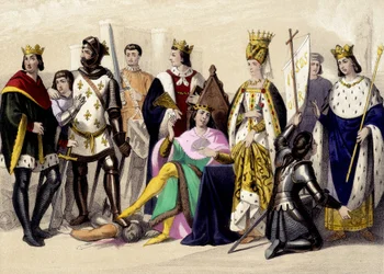 The Capetians of the Valois from 1328 to 1422. Philip VI, John II, Charles VI, Isabeau (Isabella, Elizabeth) of Bavaria, Joan of Arc, Charles VII. Engraving of the 19th Century