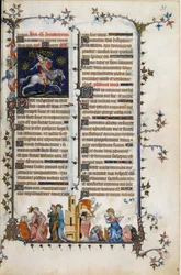 The Danish prelate and statesman Absalon or Axel (1128-1201), who wiped Denmark from pirates, dies suspended from a tree. Below, an allegory of madness, the prophet Daniel explains his dream to King Nebuchadnezzar